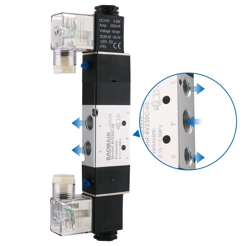Baomain Pneumatic Solenoid Air Valve 4V230C-08 DC 24V 5 Way 3 Position PT1/4" Internally Piloted Acting Type Double Electrical Control Midst Closed - Image 5